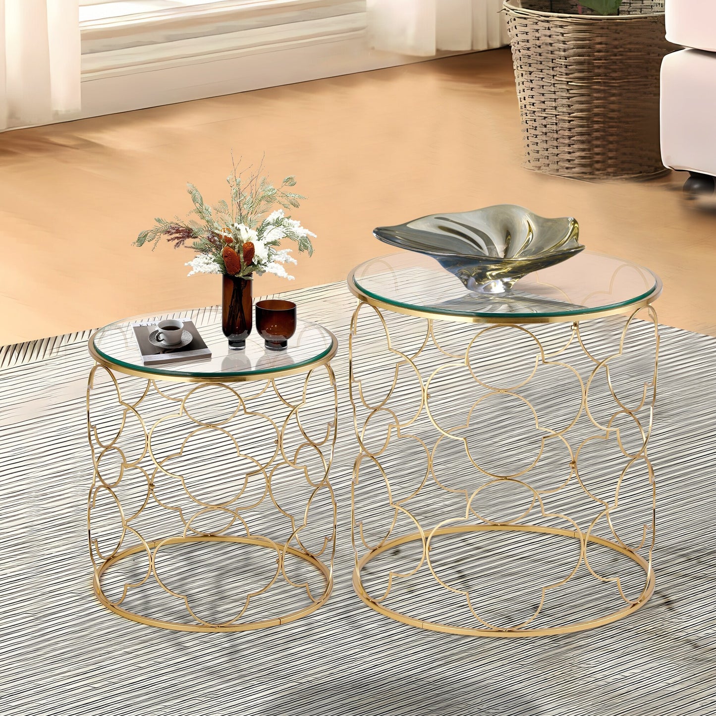 Coffee Table Set of 2 with Glass Top and Metal Wire, Round Side End Table