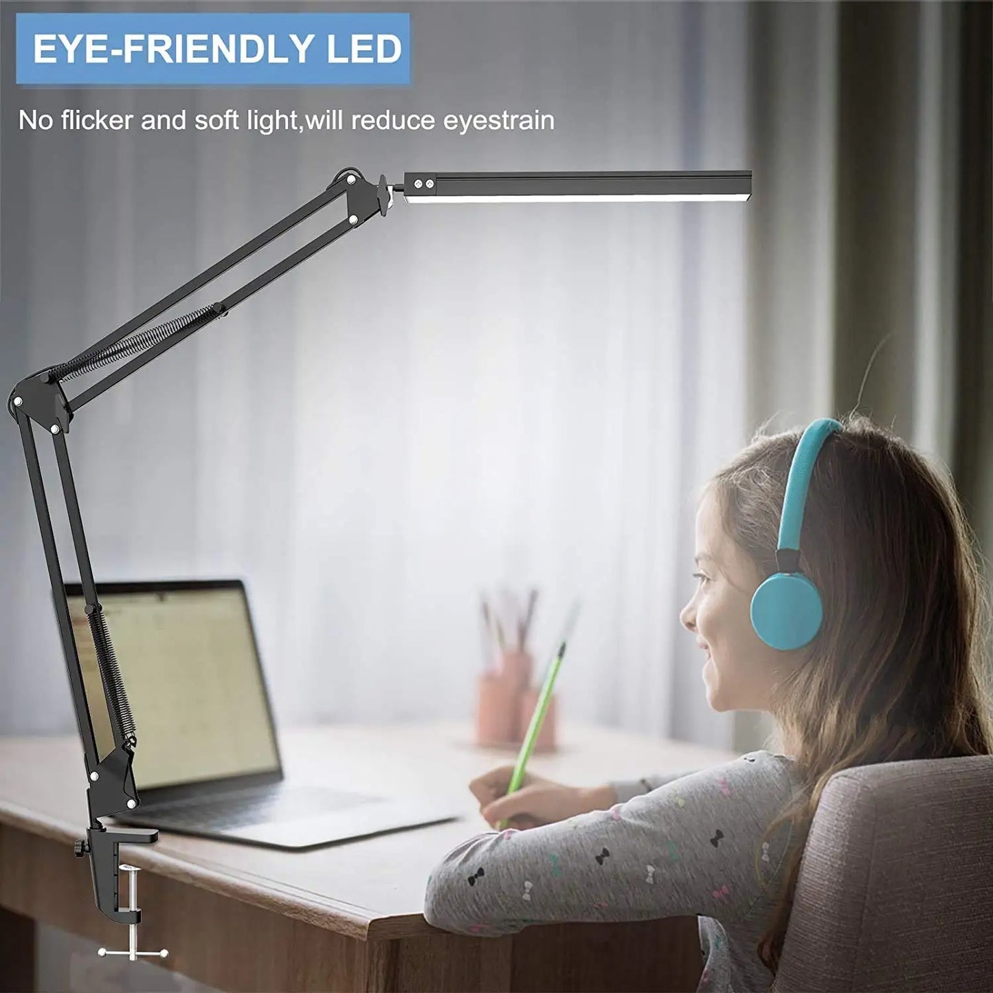 LED Desk Lamp with Clamp Long Arm Table Lamp Eye-Caring Dimmable 3 Colors Adjustable Desk Light with 10 Brightness Level