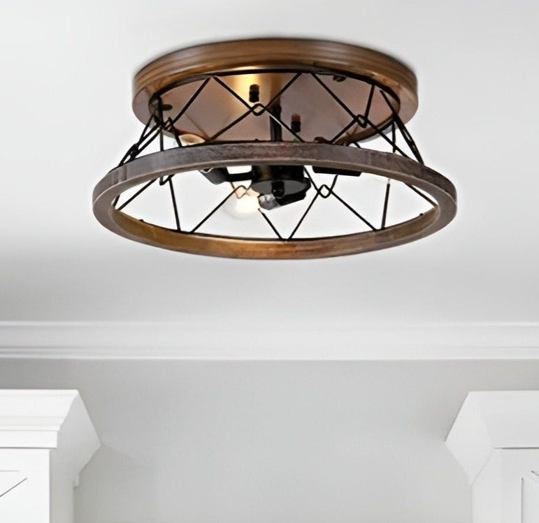 Farmhouse Mesh Basket Chicken Wire Flush Mount Walnut Wood Accent