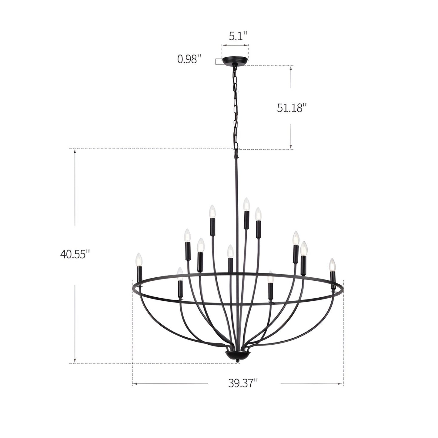 Orono 12-Light Metal Black Chandelier - Graceful Curve Candlestick Ceiling Light