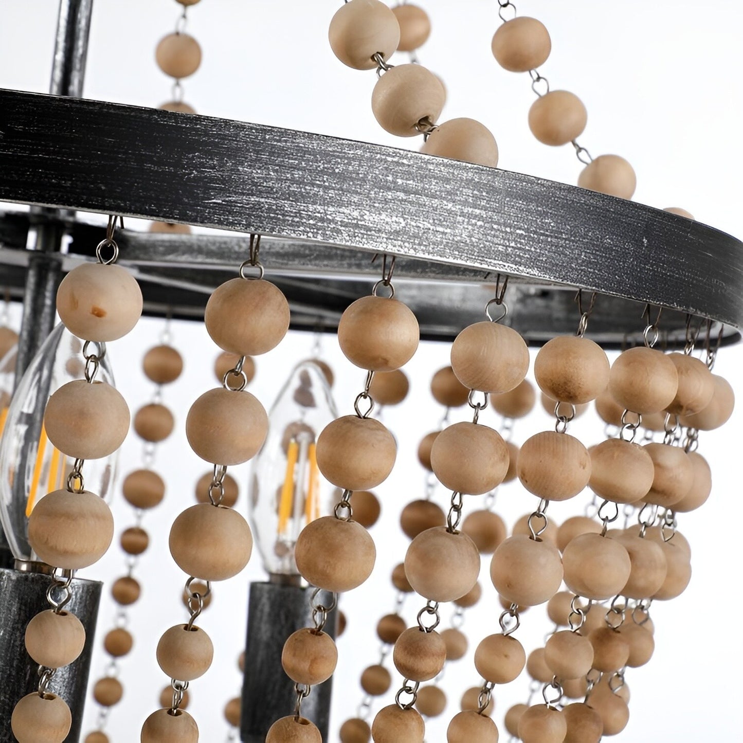 Peaslee 4-Light Regina Scalloped Wood Bead Lantern: Elegant Flush Mount Chandelier for Timeless Home Lighting - Wooden Bead Ceiling Fixture with Regina Scalloped Design