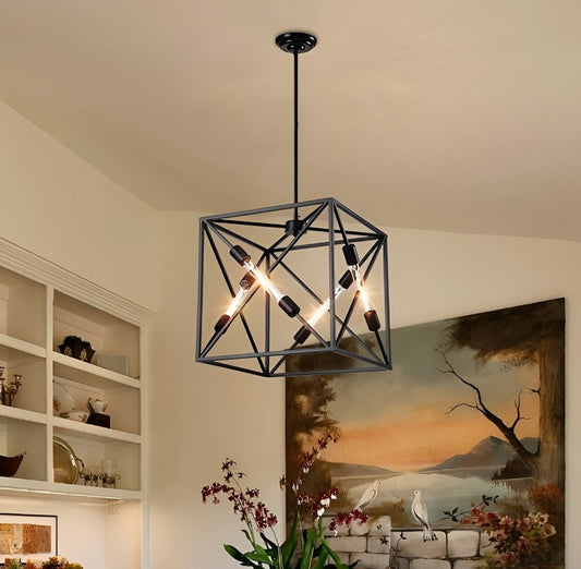 Square Sci-fi Metal Cage Ceiling Light, Open Frame Cube Pendant Lamp Andi 4-Light