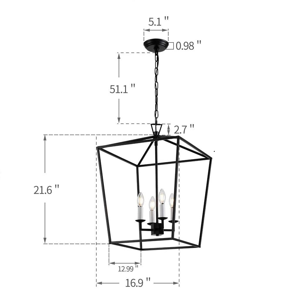 Large Cage Lantern (Black) - Iron Medieval Art Candle-Style Design Chandelier Pendant, Ceiling Light Fixture
