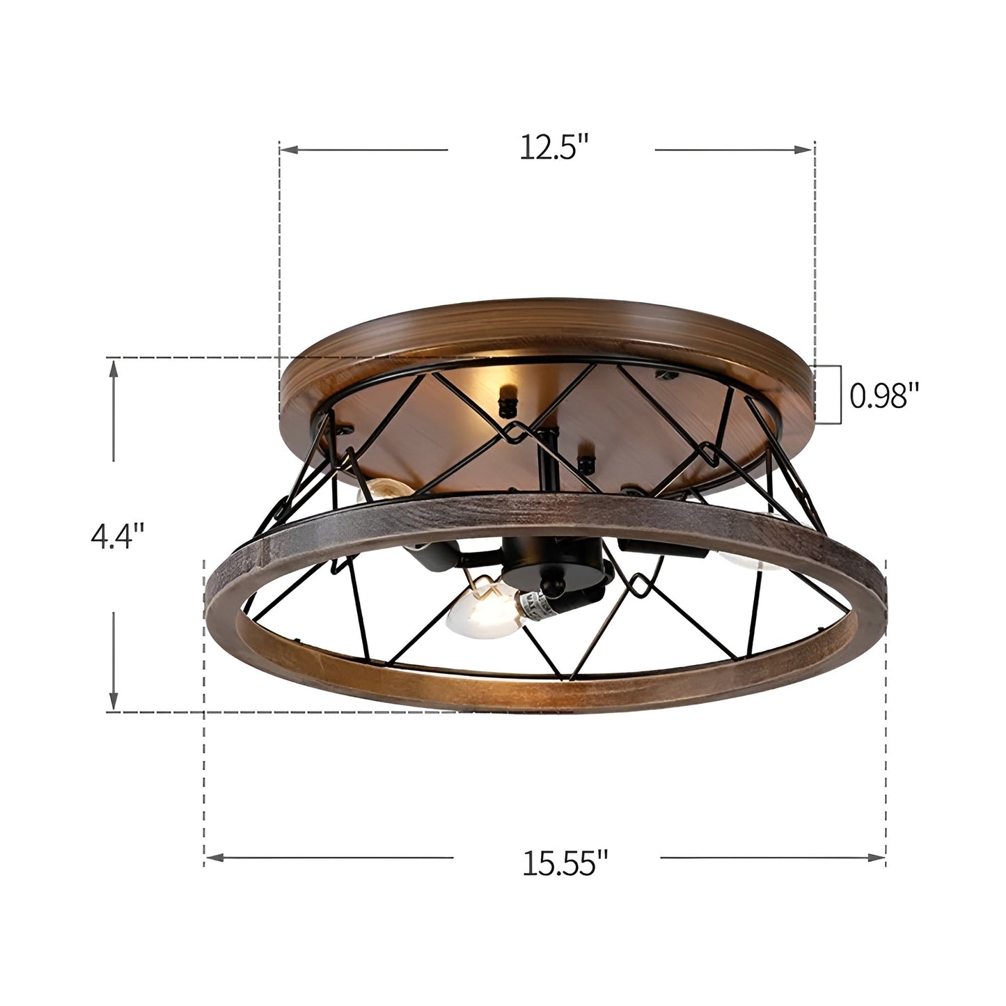 Farmhouse Mesh Basket Chicken Wire Flush Mount Walnut Wood Accent