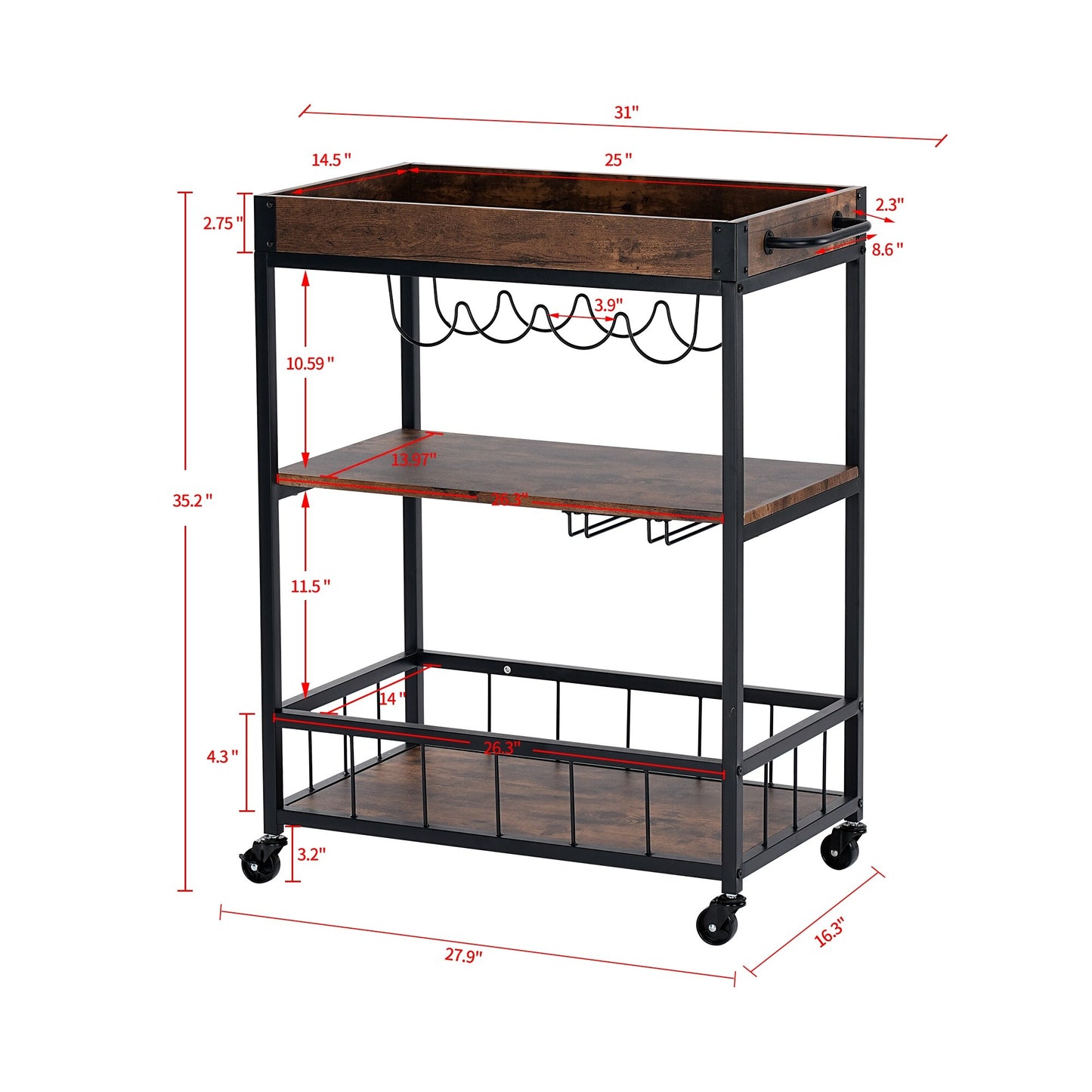 Industrial Kitchen Serving Trolley Bar Cart (Brown) - Vintage Style Rustic Wine Rack & Glass Storage, Tallman Mobile Bar Cart