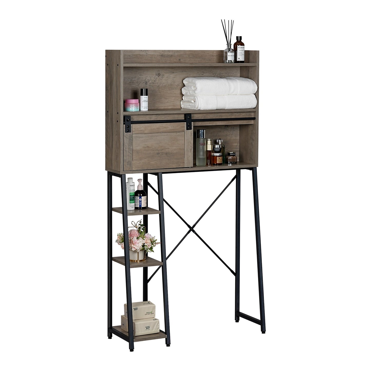 Over The Toilet Storage Cabinet - Elegant Grey Bathroom Organizer with Sliding Barn Door