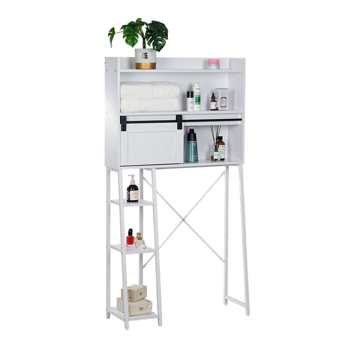 Over The Toilet Storage Cabinet - Elegant Grey Bathroom Organizer with Sliding Barn Door