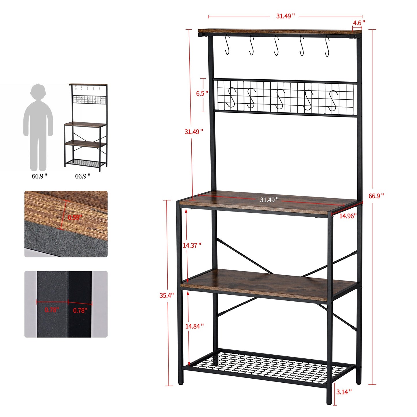 Rustic Brown & Black Bakers Rack - Kitchen Storage Shelf Rack For Cooking & Organizing