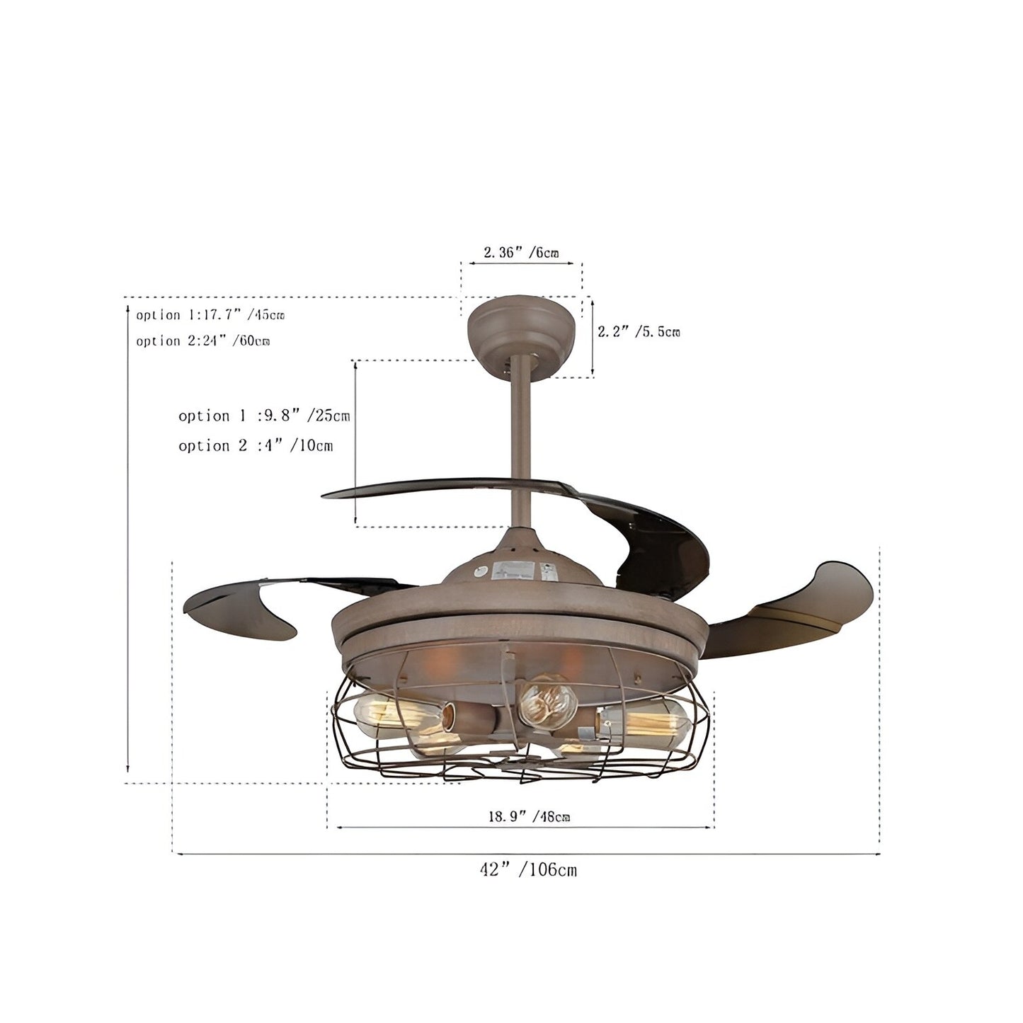 Esto Ceiling Fan, Retro Industrial Fan Chandelier with Remote, Retractable 45''