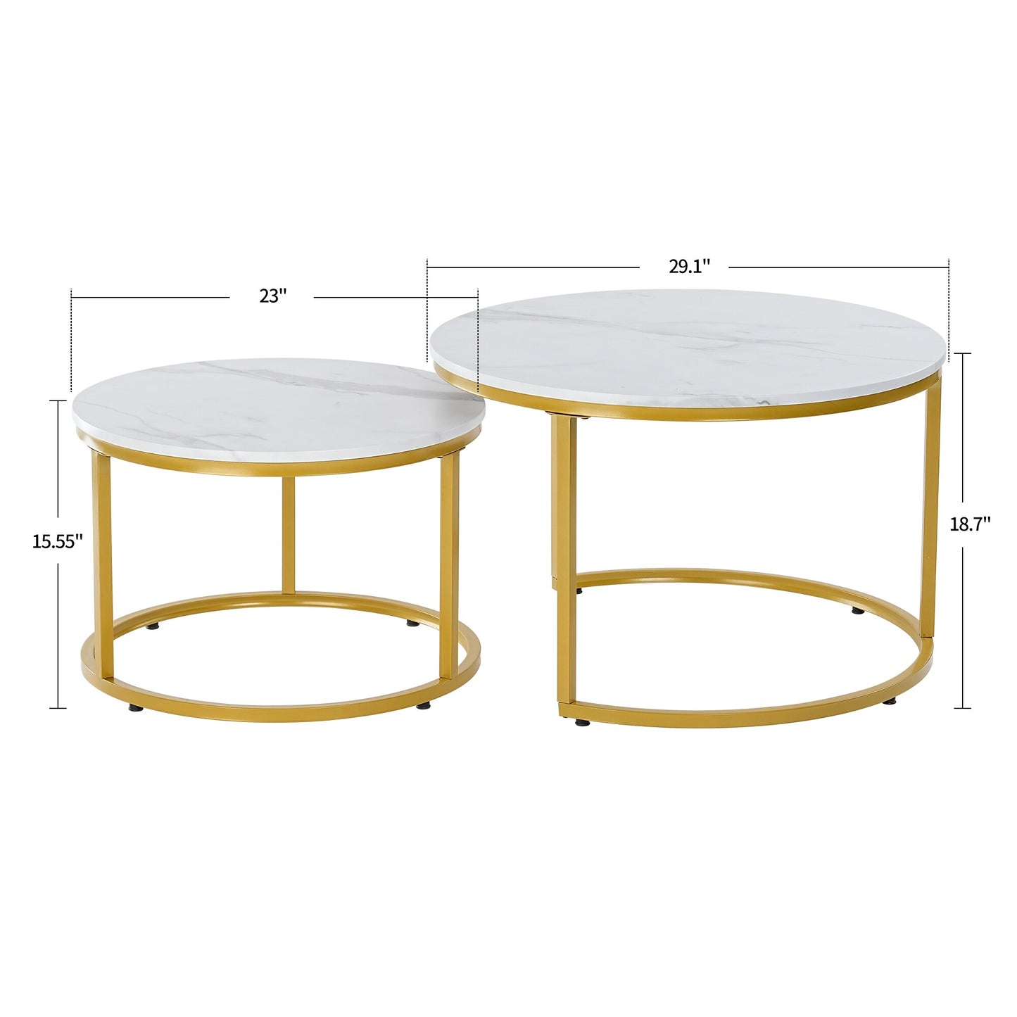 Modern White Marble Coffee Table, Industrial Round Metal Frame in Golden Style - Set of 2 Living Room or Lounge