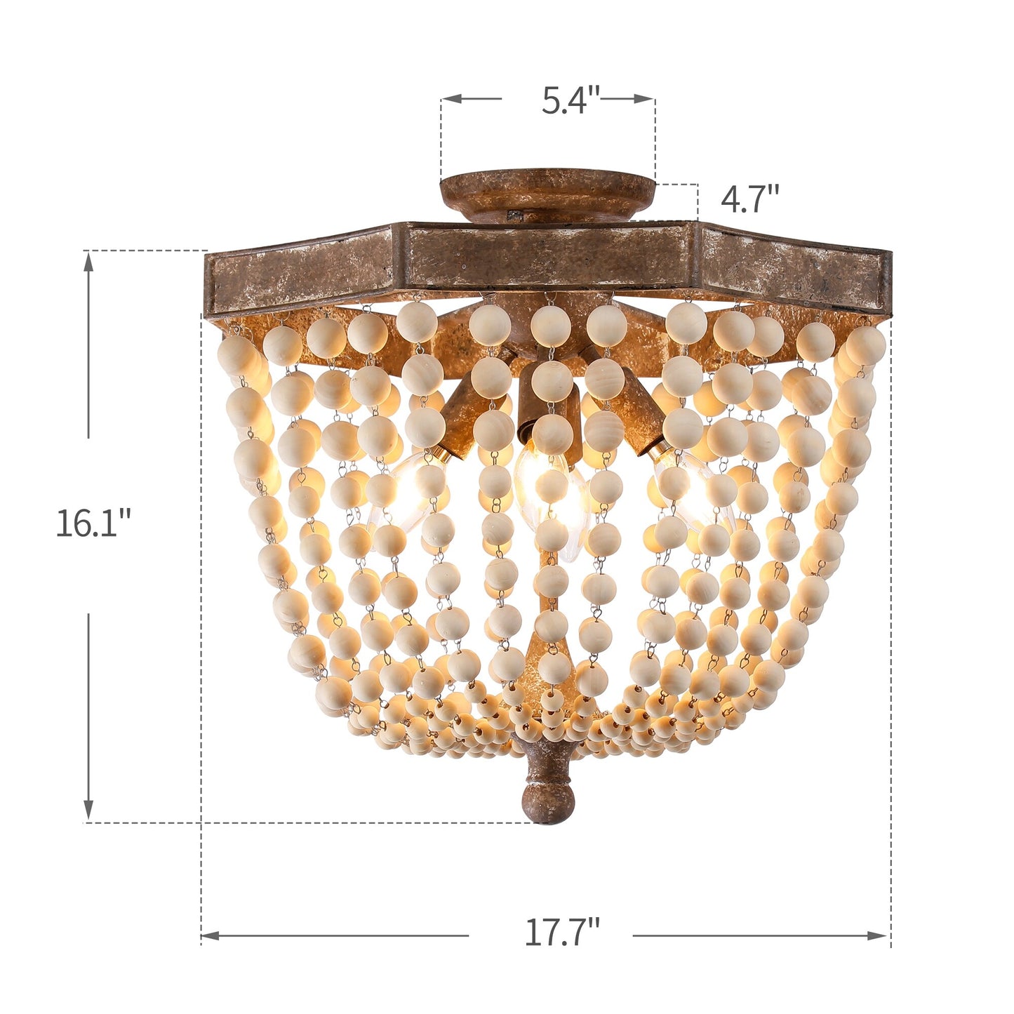 Wood Semi Flush Mount Chandelier Ceiling Light, Chemise Traditional Antique Style