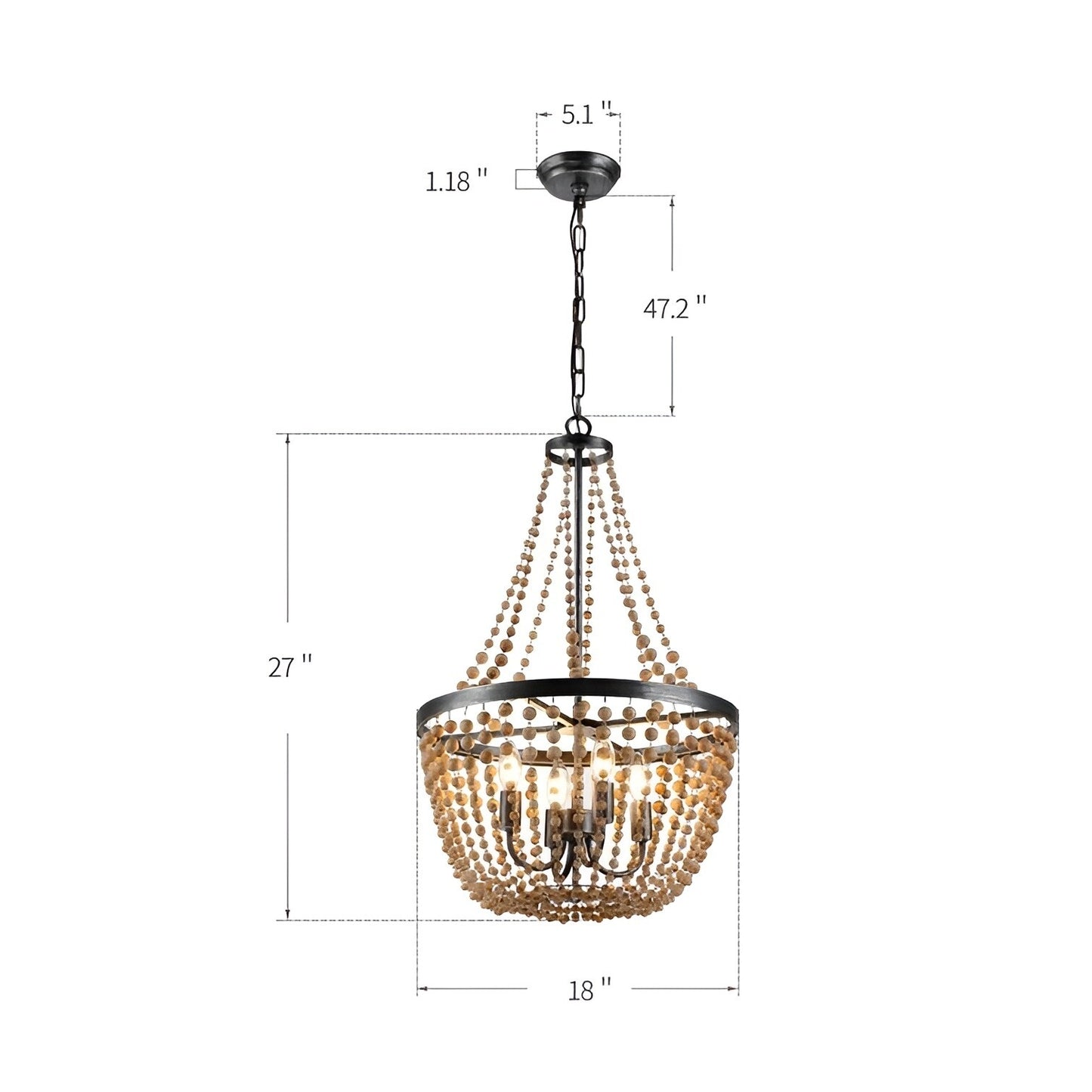 Peaslee 4-Light Regina Scalloped Wood Bead Lantern: Elegant Flush Mount Chandelier for Timeless Home Lighting - Wooden Bead Ceiling Fixture with Regina Scalloped Design
