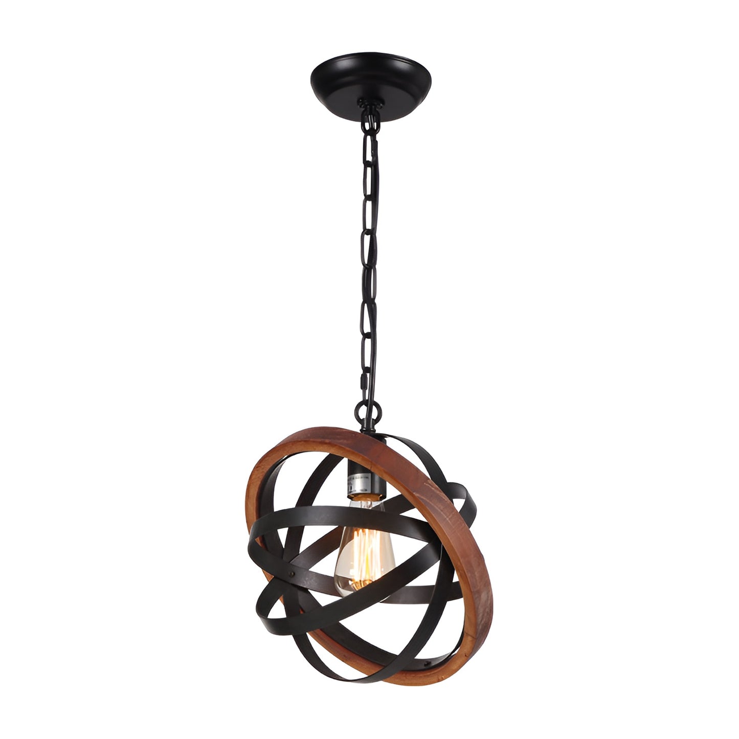 Brown Farmhouse Globe, Mini Hanging Pendant Light - Spherical Wood Style
