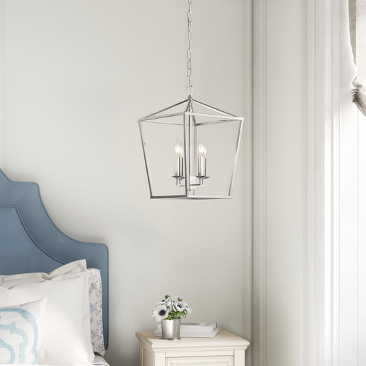 Medieval Lantern Geometric Pendant - Silver Finish, Open Frame Design, Adjustable Hanging Height, Dimmable, and Compatible with Sloped Ceilings