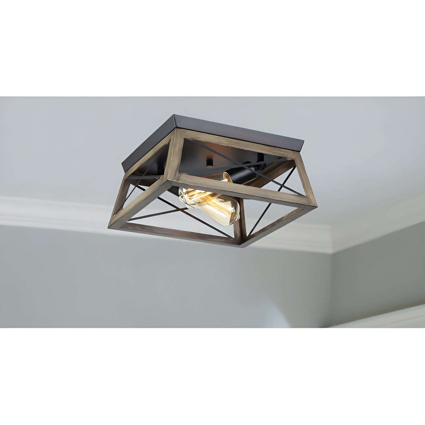 Metal Antique Bronze Flush Mount Light, Wooden Open Frame Design