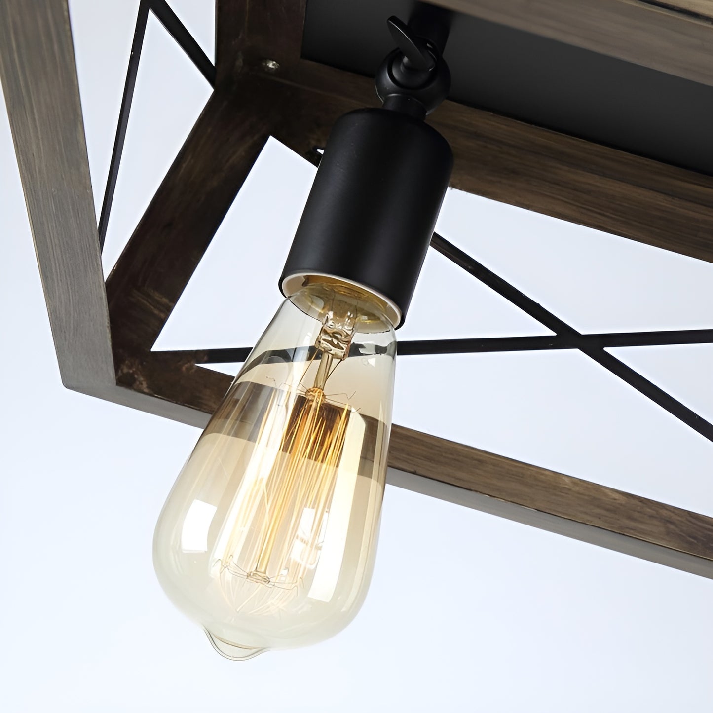 Metal Antique Bronze Flush Mount Light, Wooden Open Frame Design