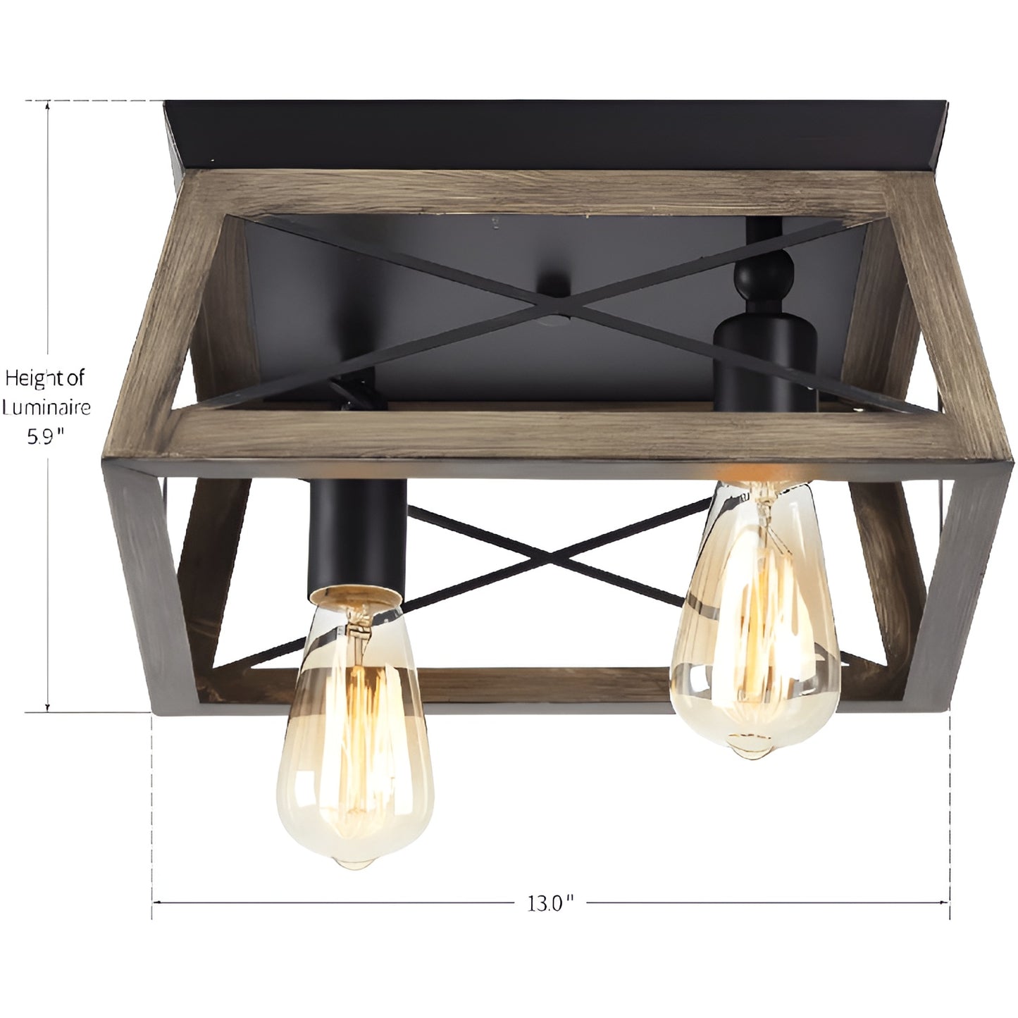 Metal Antique Bronze Flush Mount Light, Wooden Open Frame Design