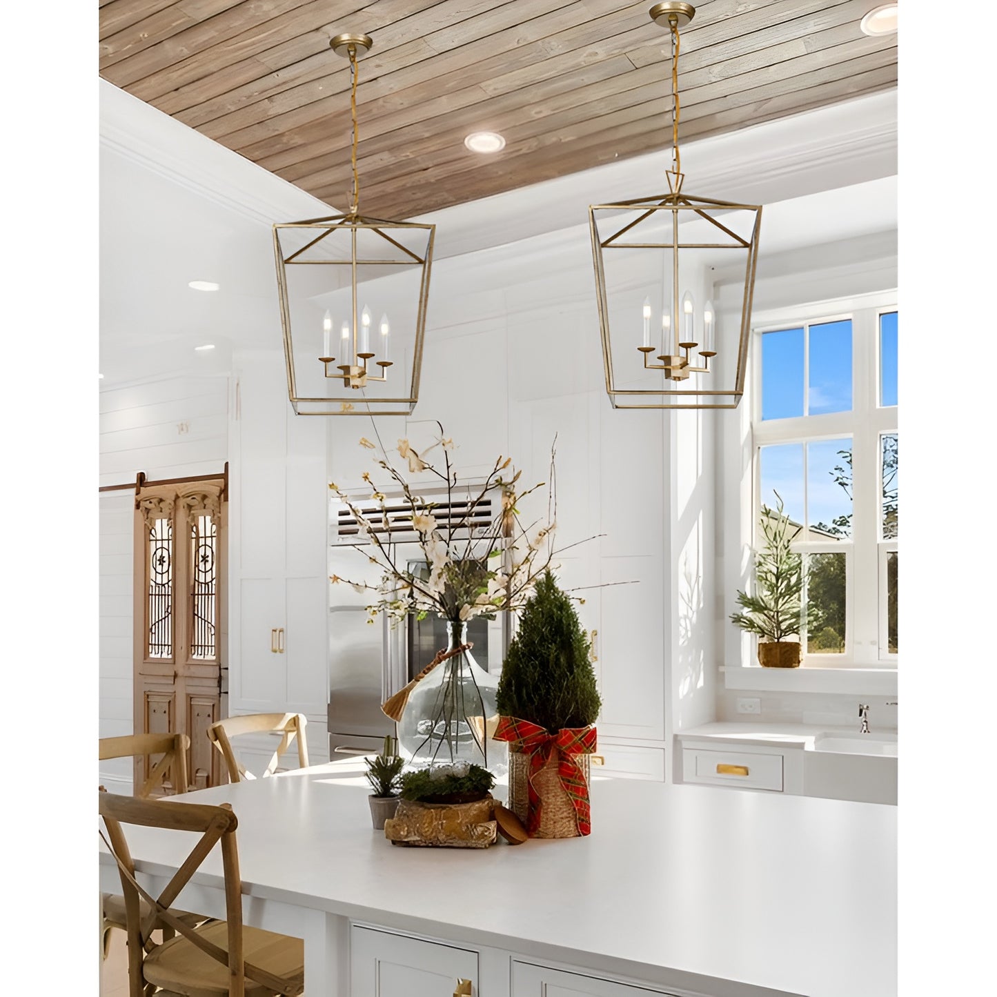 Antique Farmhouse Style Light Lantern, Medieval Aged Gold Pendant