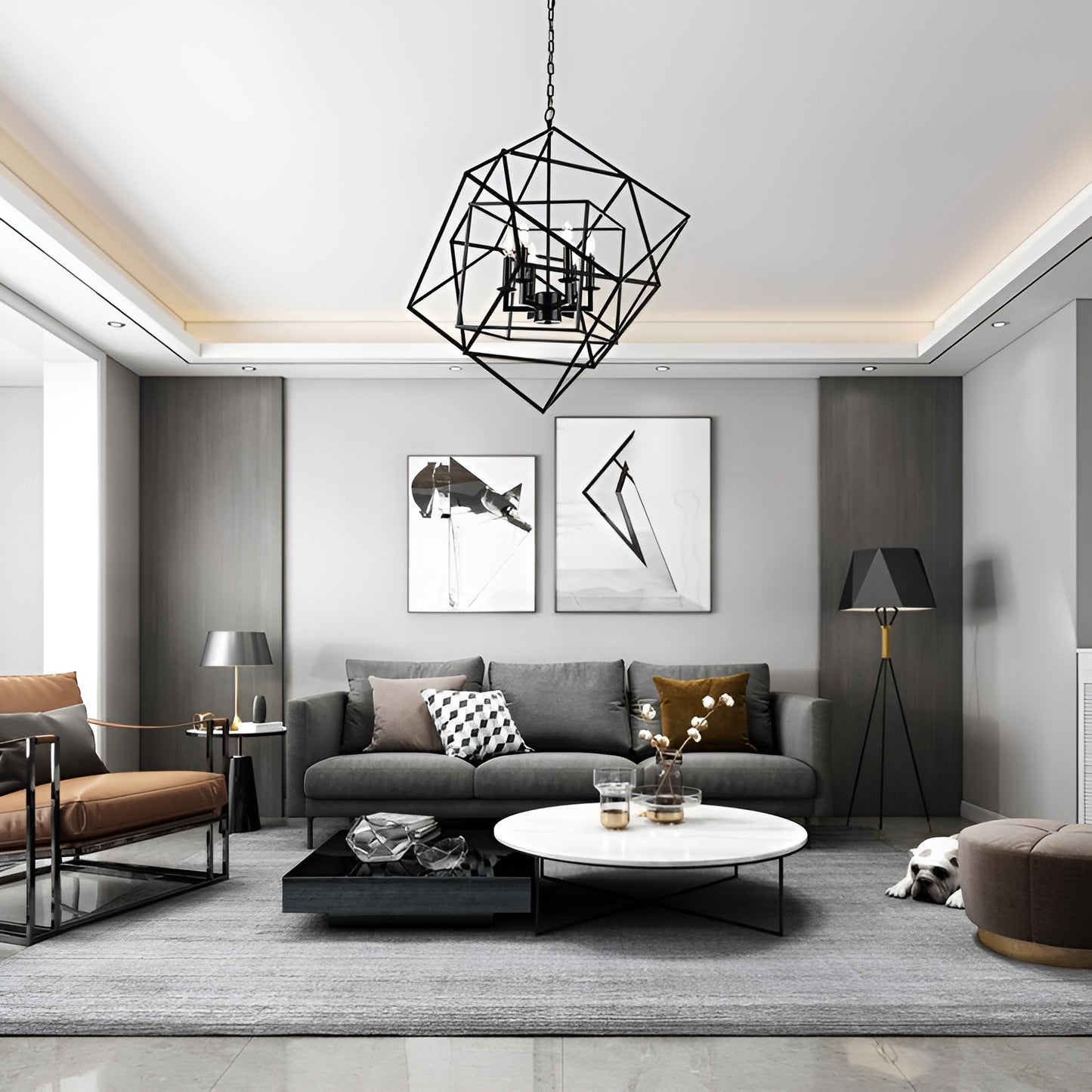 Dimmable Geometric Chandelier, Modern Minimalist Sci-fi Open Cage Style