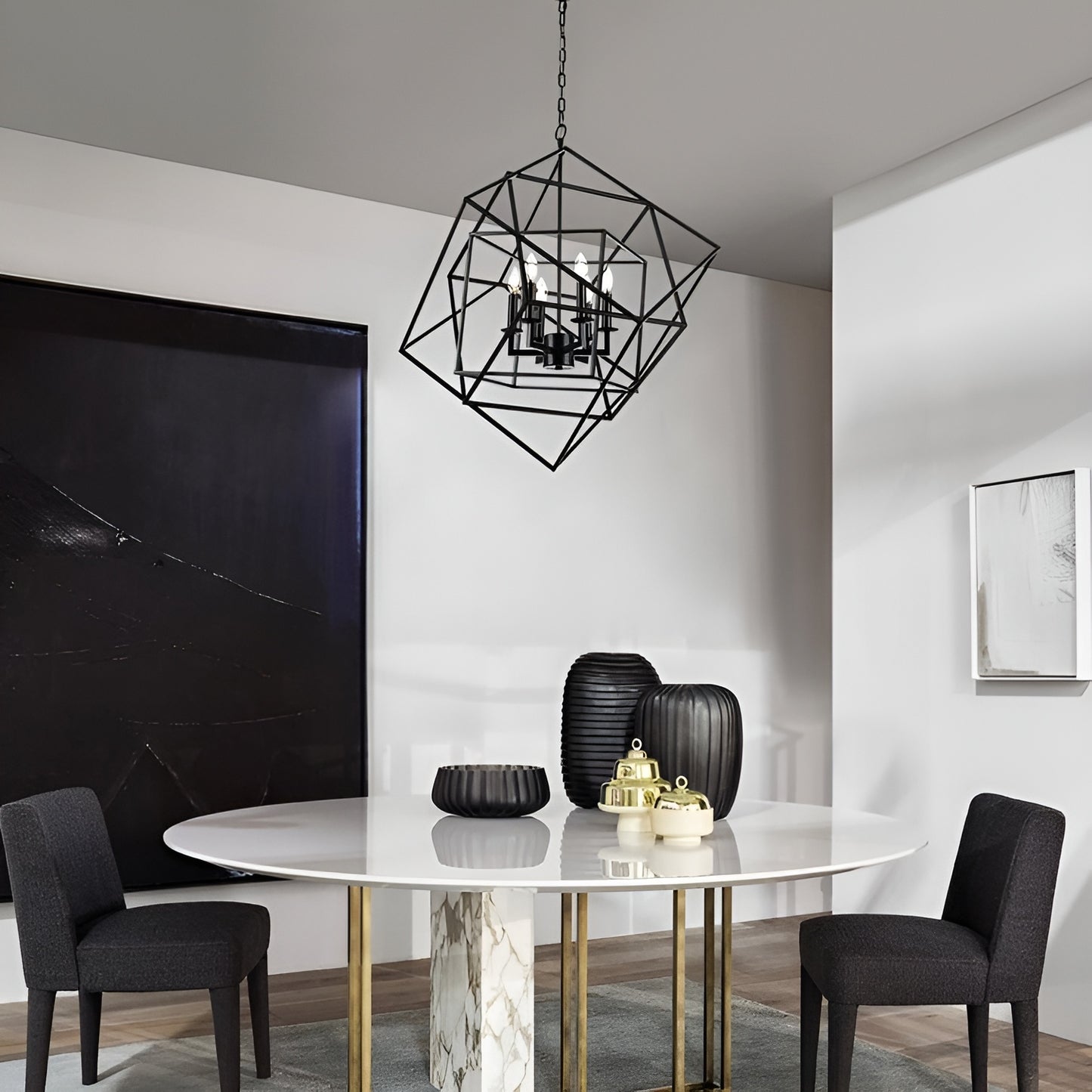 Dimmable Geometric Chandelier, Modern Minimalist Sci-fi Open Cage Style