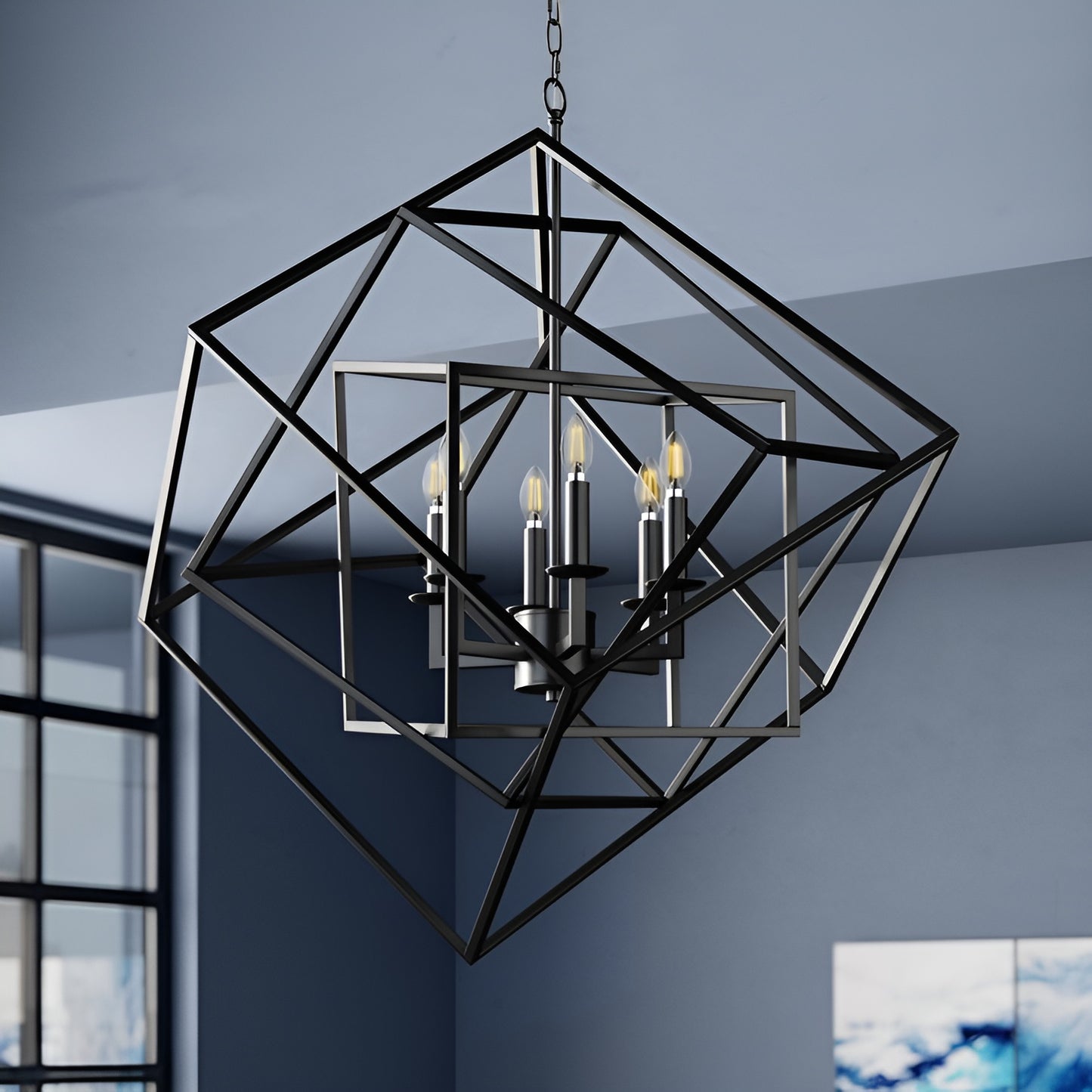 Dimmable Geometric Chandelier, Modern Minimalist Sci-fi Open Cage Style