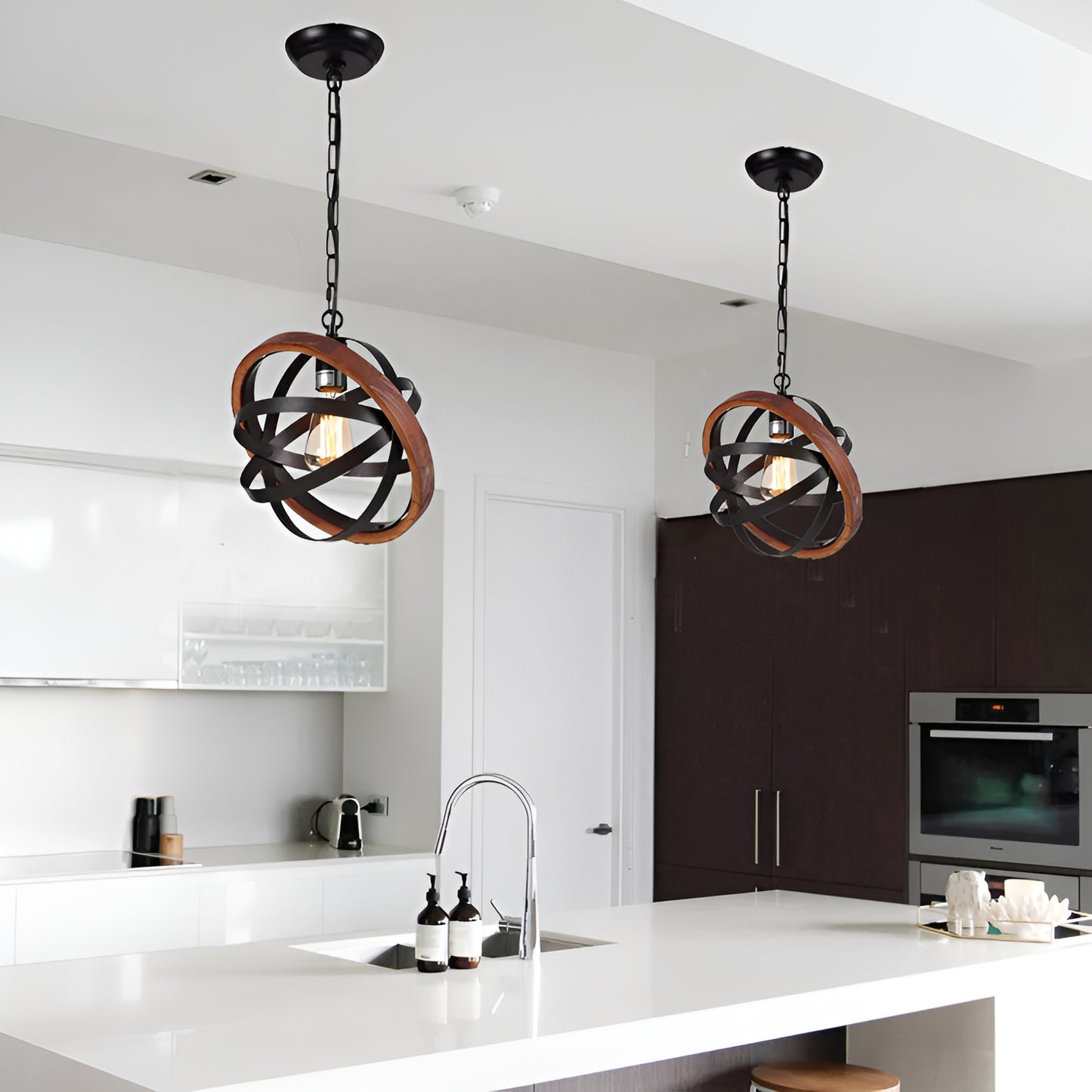 Brown Farmhouse Globe, Mini Hanging Pendant Light - Spherical Wood Style