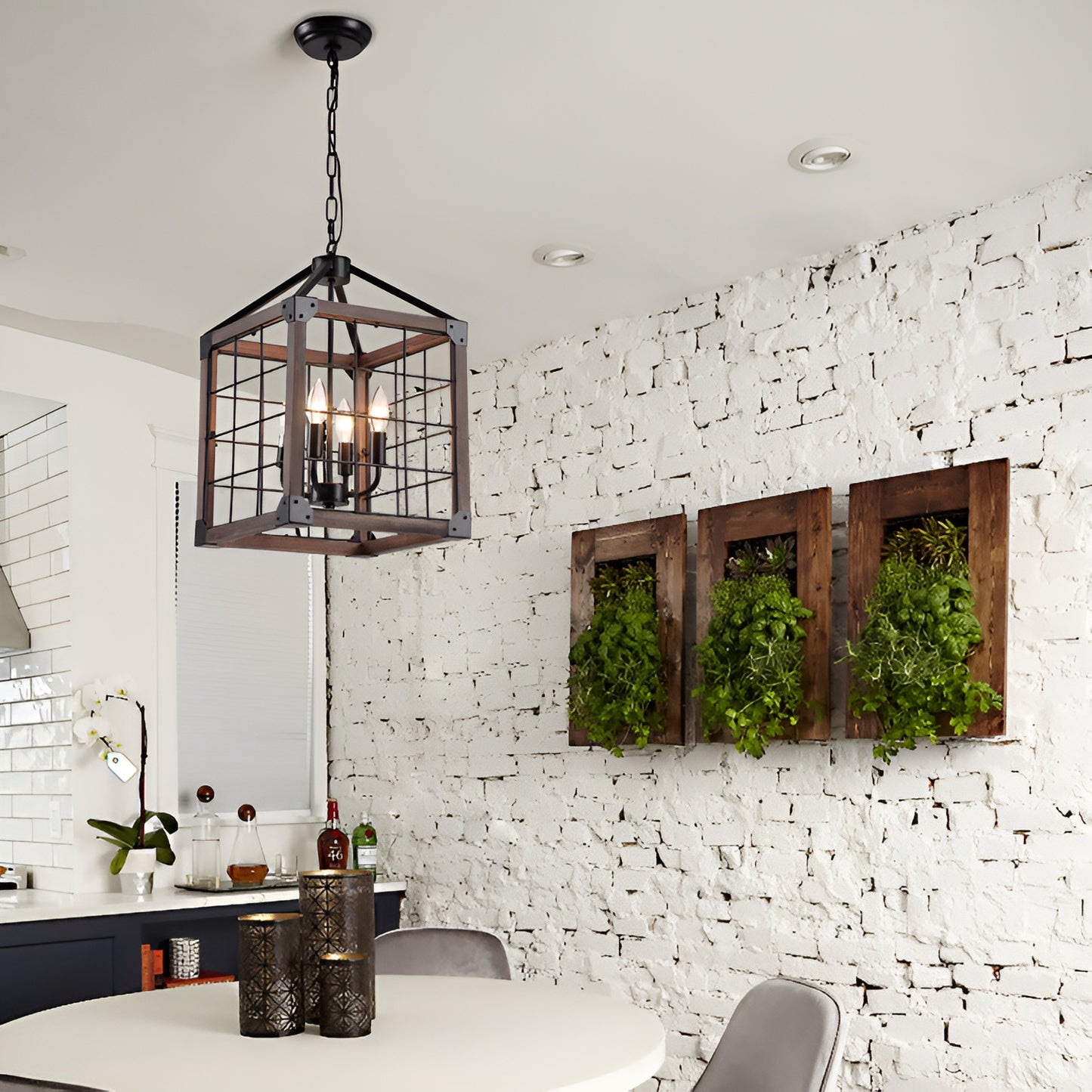 Square/Rectangle Medieval Farmhouse Chandelier with Modern Wood Accents