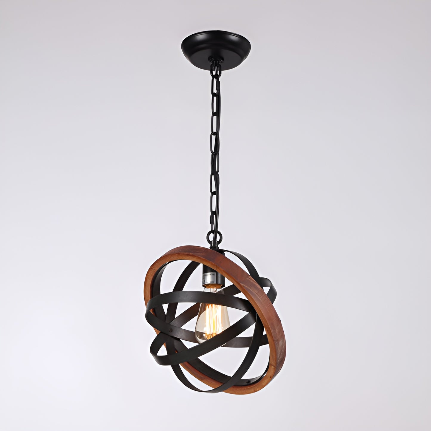 Brown Farmhouse Globe, Mini Hanging Pendant Light - Spherical Wood Style
