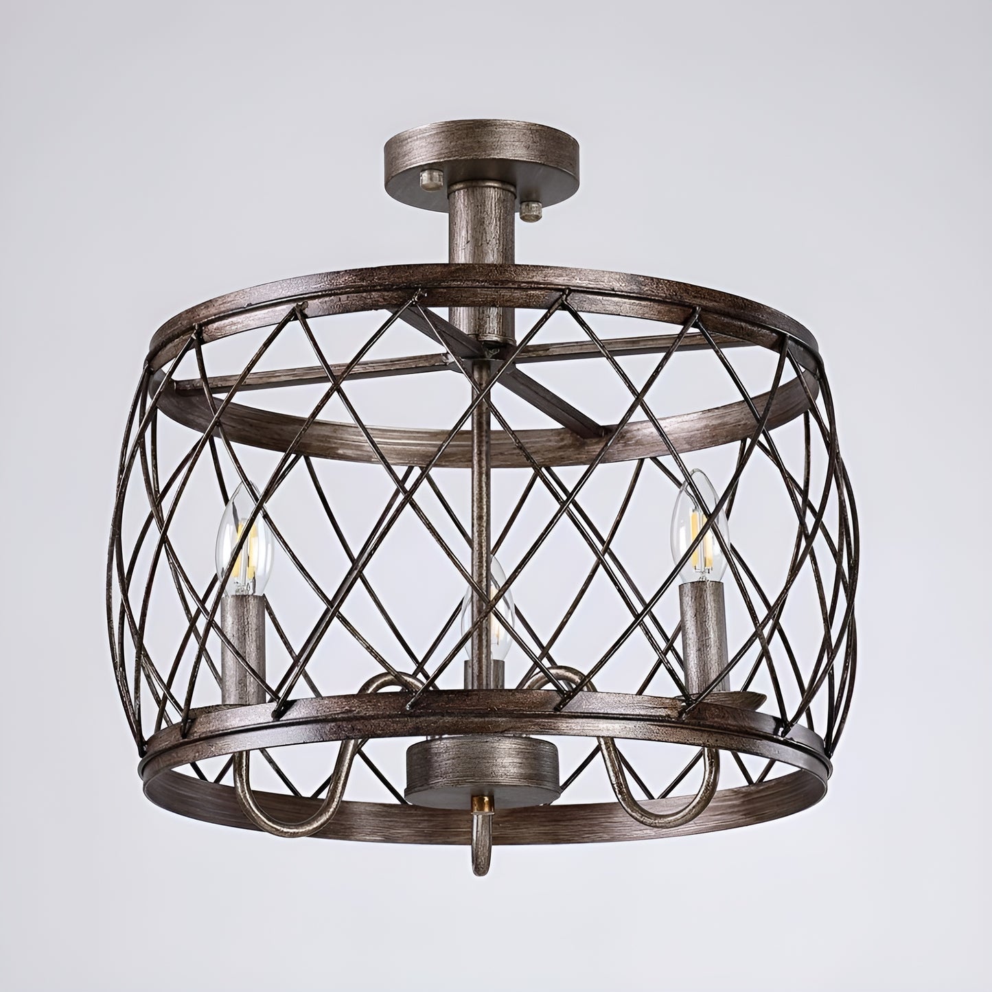 Wine Barrel Metal Mesh Flush Mount, Aged Silver Ceiling Light Chandelier