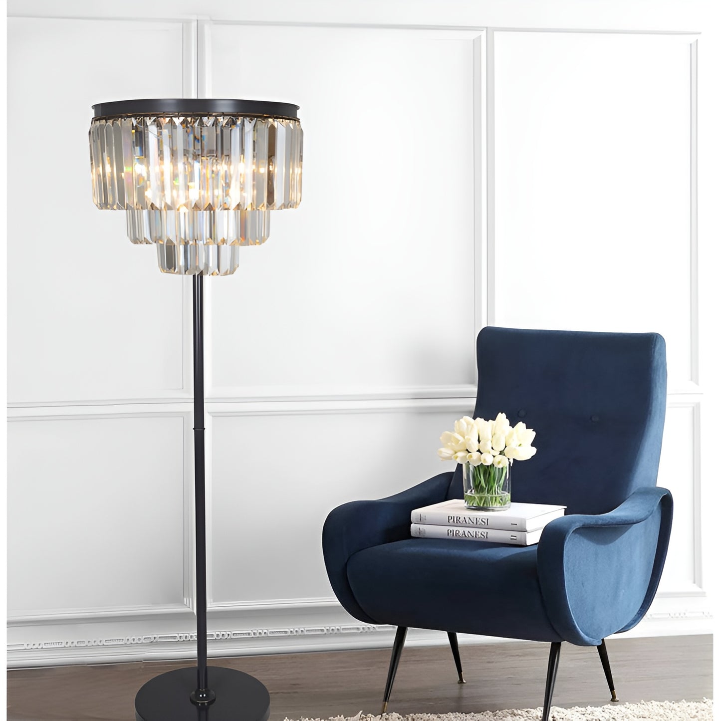 Industrial Crystal Luxury Floor Lamp with a Chandelier Look, Three Tiers Clear Glass