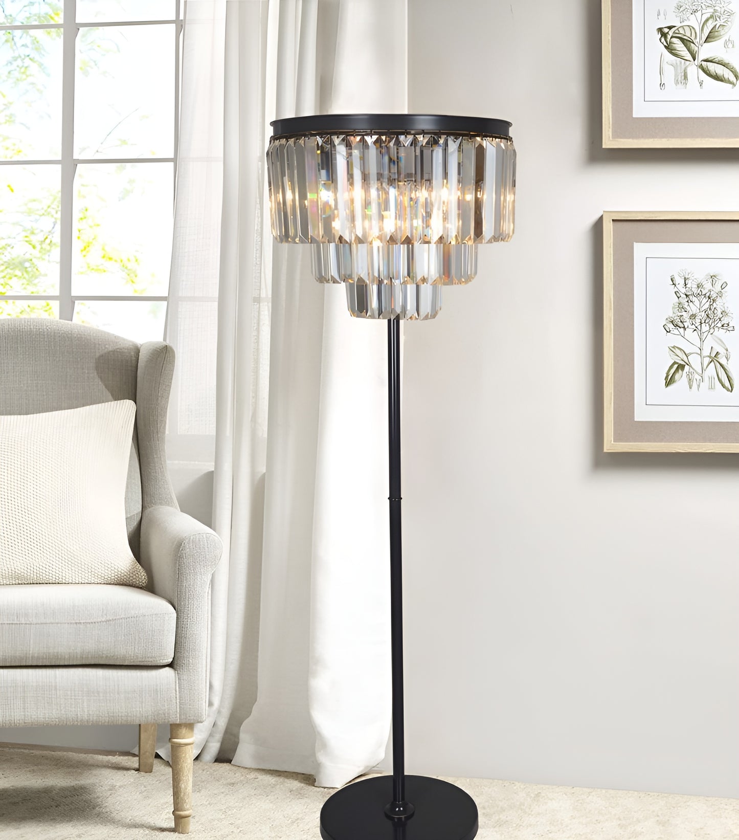 Industrial Crystal Luxury Floor Lamp with a Chandelier Look, Three Tiers Clear Glass