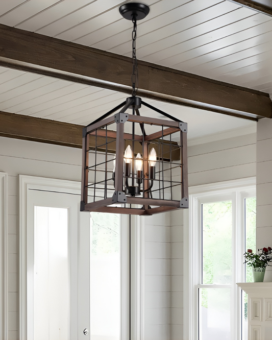 Square/Rectangle Medieval Farmhouse Chandelier with Modern Wood Accents
