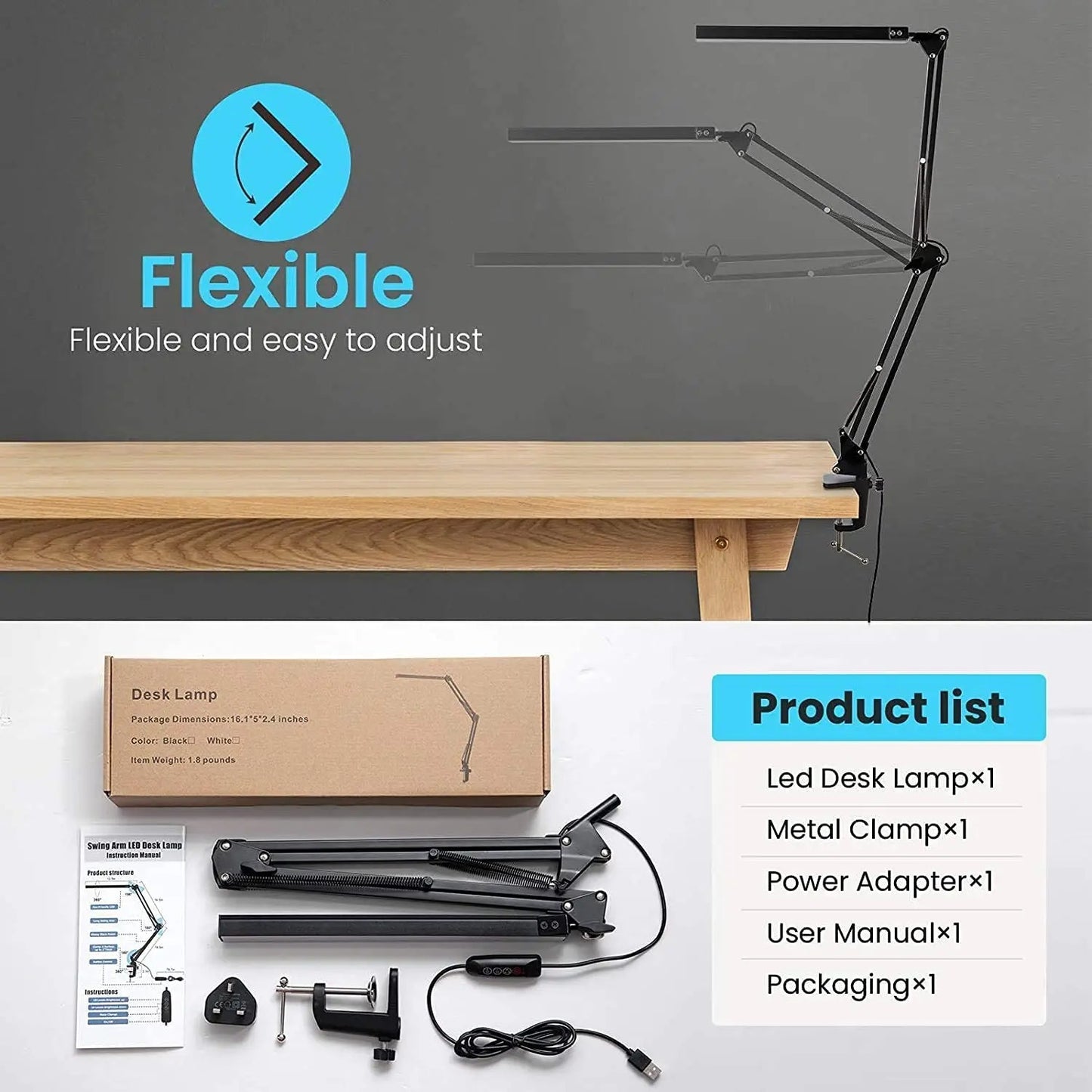LED Desk Lamp with Clamp Long Arm Table Lamp Eye-Caring Dimmable 3 Colors Adjustable Desk Light with 10 Brightness Level