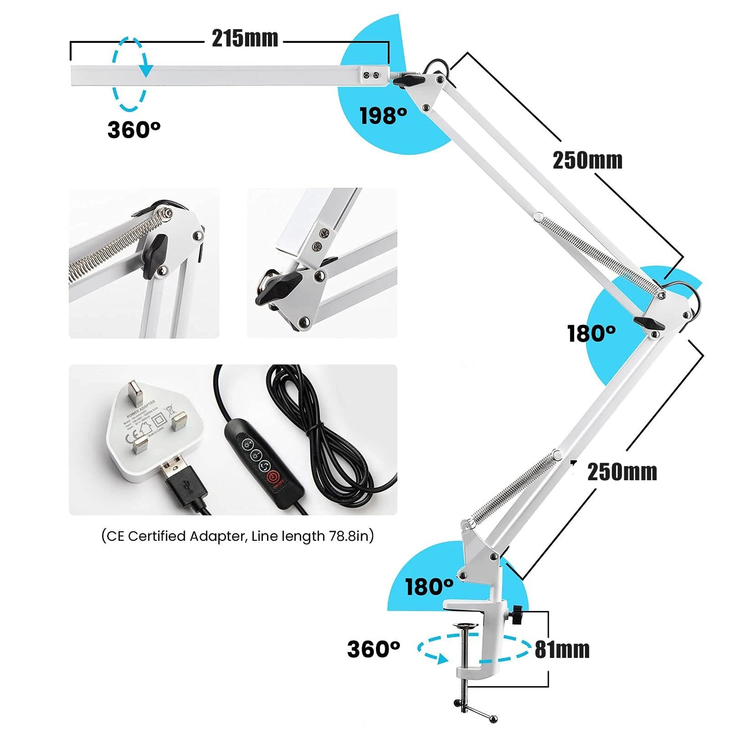 LED Desk Lamp with Clamp Long Arm Table Lamp Eye-Caring Dimmable 3 Colors Adjustable Desk Light with 10 Brightness Level
