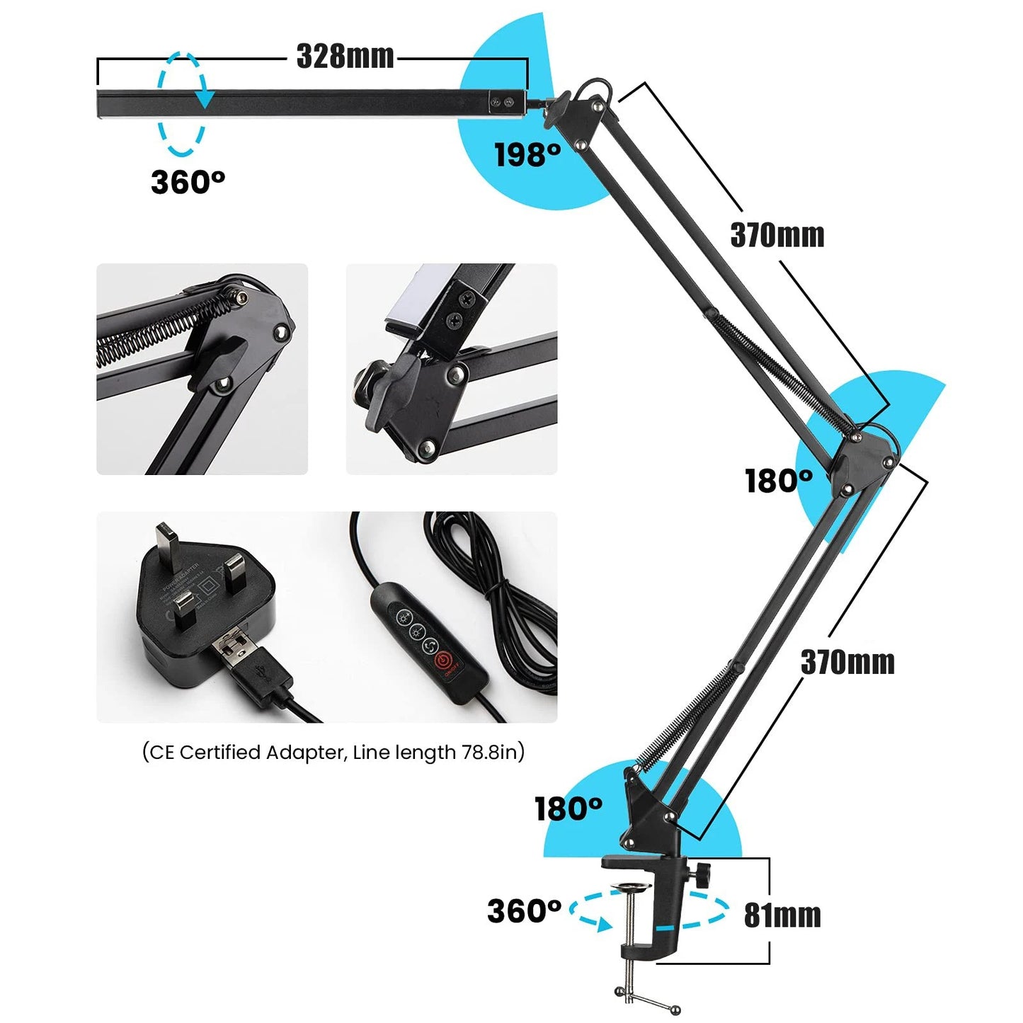 LED Desk Lamp with Clamp Long Arm Table Lamp Eye-Caring Dimmable 3 Colors Adjustable Desk Light with 10 Brightness Level