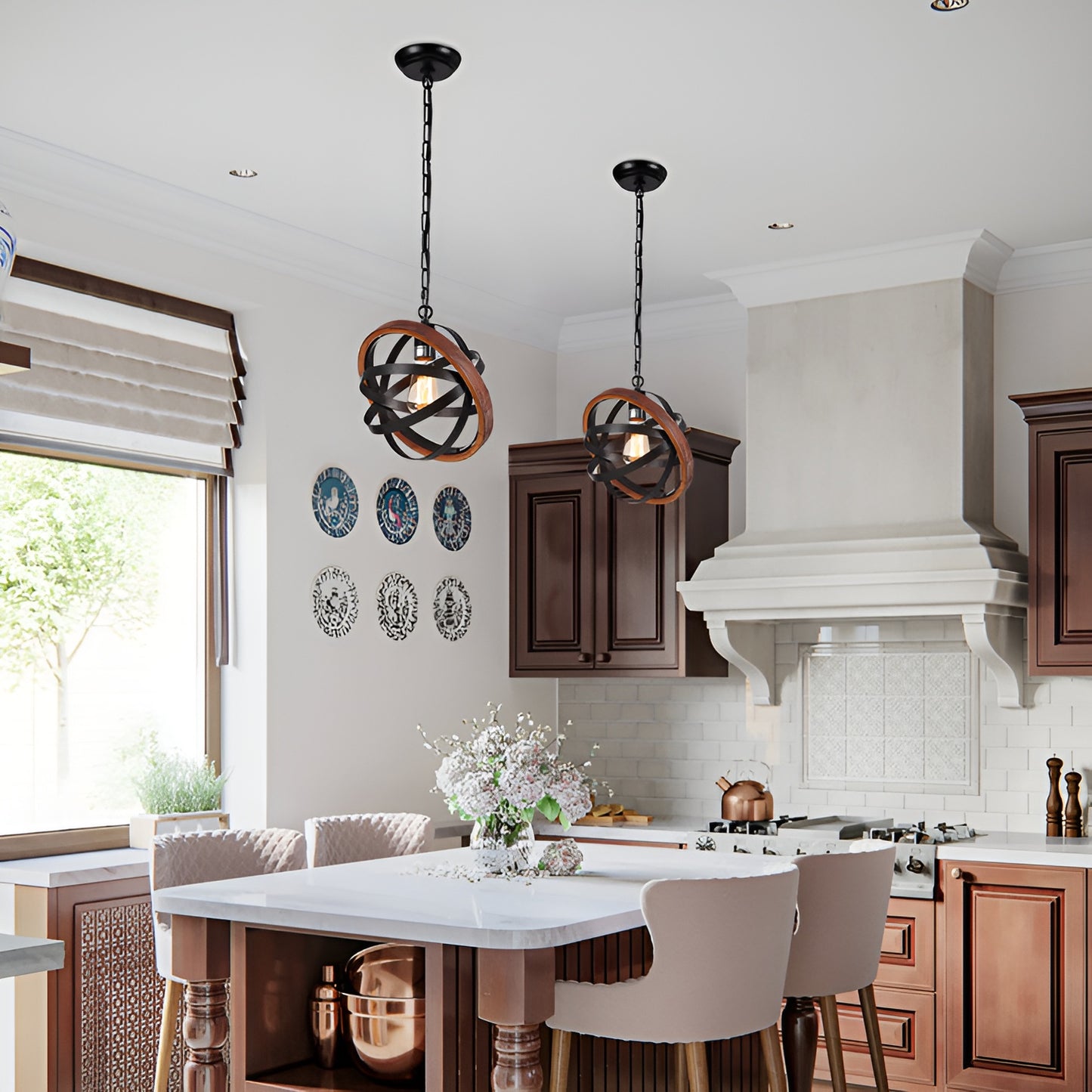 Brown Farmhouse Globe, Mini Hanging Pendant Light - Spherical Wood Style