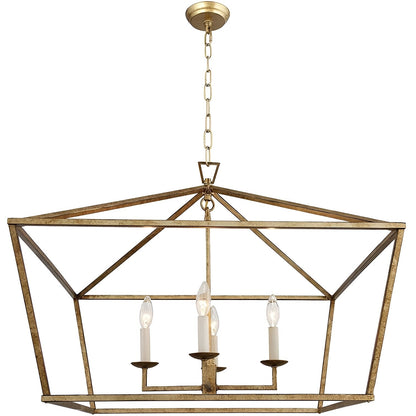 Open Cage Debraha 4-Light Gold Lantern, Antique Square Geometric Style Luxury Chandelier
