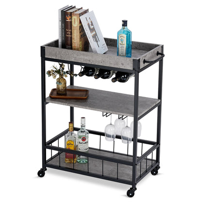 Industrial Kitchen Serving Trolley Cart (Grey) - Vintage Style Rustic Wine Rack & Glass Storage, Tallman Mobile Bar Cart