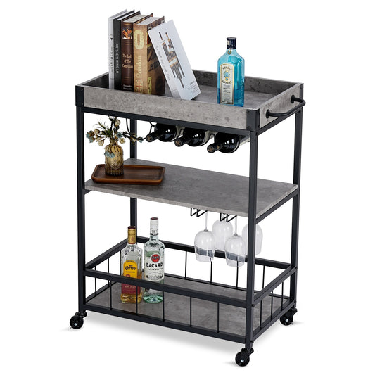 Industrial Kitchen Serving Trolley Cart (Grey) - Vintage Style Rustic Wine Rack & Glass Storage, Tallman Mobile Bar Cart