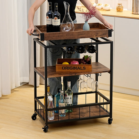 Industrial Kitchen Serving Trolley Bar Cart (Brown) - Vintage Style Rustic Wine Rack & Glass Storage, Tallman Mobile Bar Cart