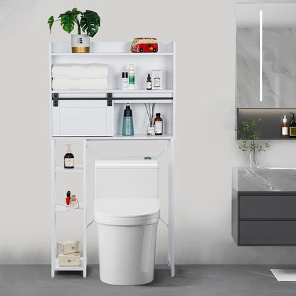 Over The Toilet Storage Cabinet - Elegant Grey Bathroom Organizer with Sliding Barn Door