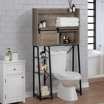 Over The Toilet Storage Cabinet - Elegant Grey Bathroom Organizer with Sliding Barn Door