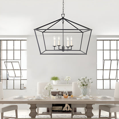 Sedley Rustic Lantern, Dimmable Modern & Geometric Open Frame Chandelier, Aged Iron 28-Inch 4-Light