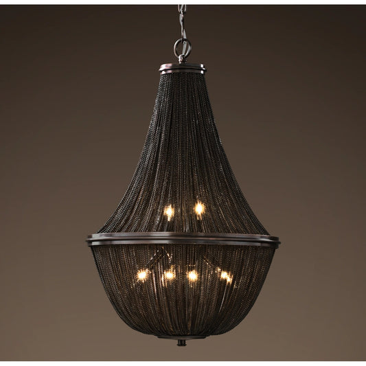 Vintage Rustic Chainmail Chandelier - French Country Medieval Pendant Light, Metal Chain Rings of Rustic Iron