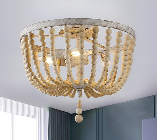 Farmhouse Wood Bead Chandelier - Distressed Cream Metal and Wood Ceiling Light with Classic Elegance