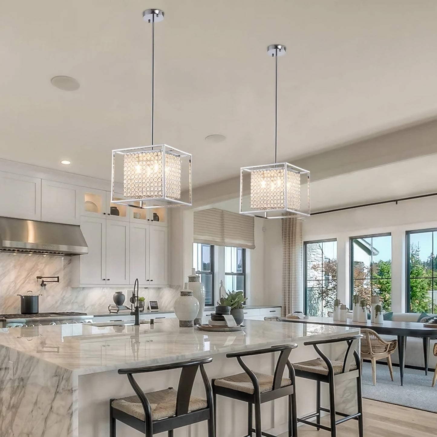 Luxury Square Metal Pendant with Crystal Accents, Cube Lighting