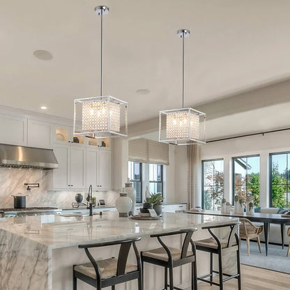 Luxury Square Metal Pendant with Crystal Accents, Cube Lighting