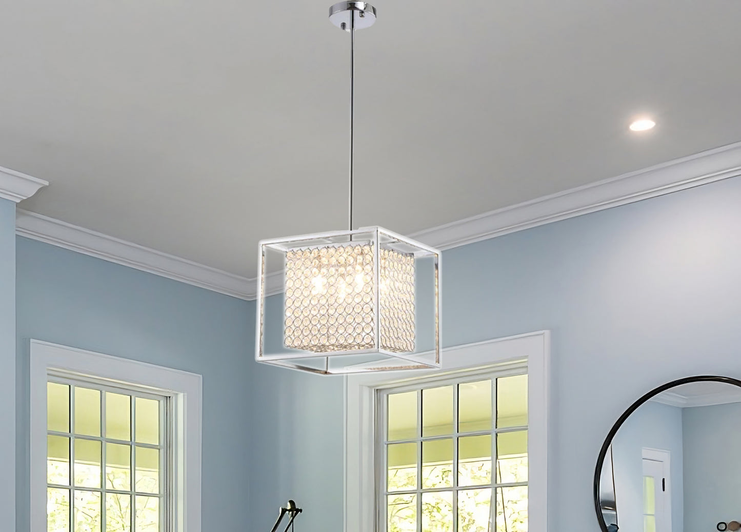 Luxury Square Metal Pendant with Crystal Accents, Cube Lighting