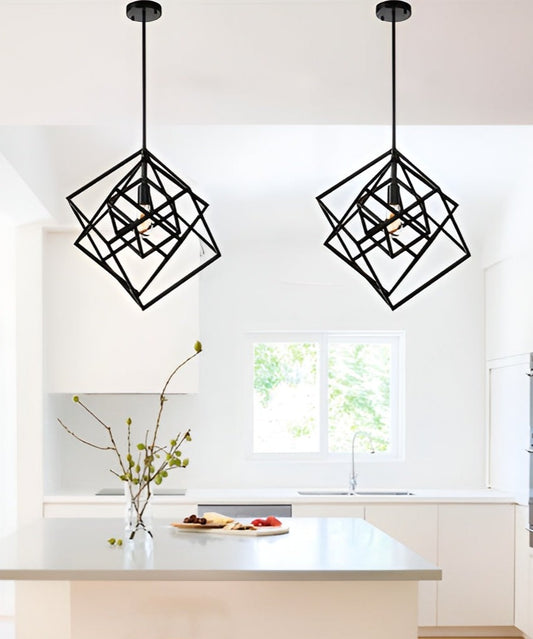 Modern Geometric Pendant Lamp - Cube Light Open Cage Frame (Futuristic Scifi Minimalist Design)