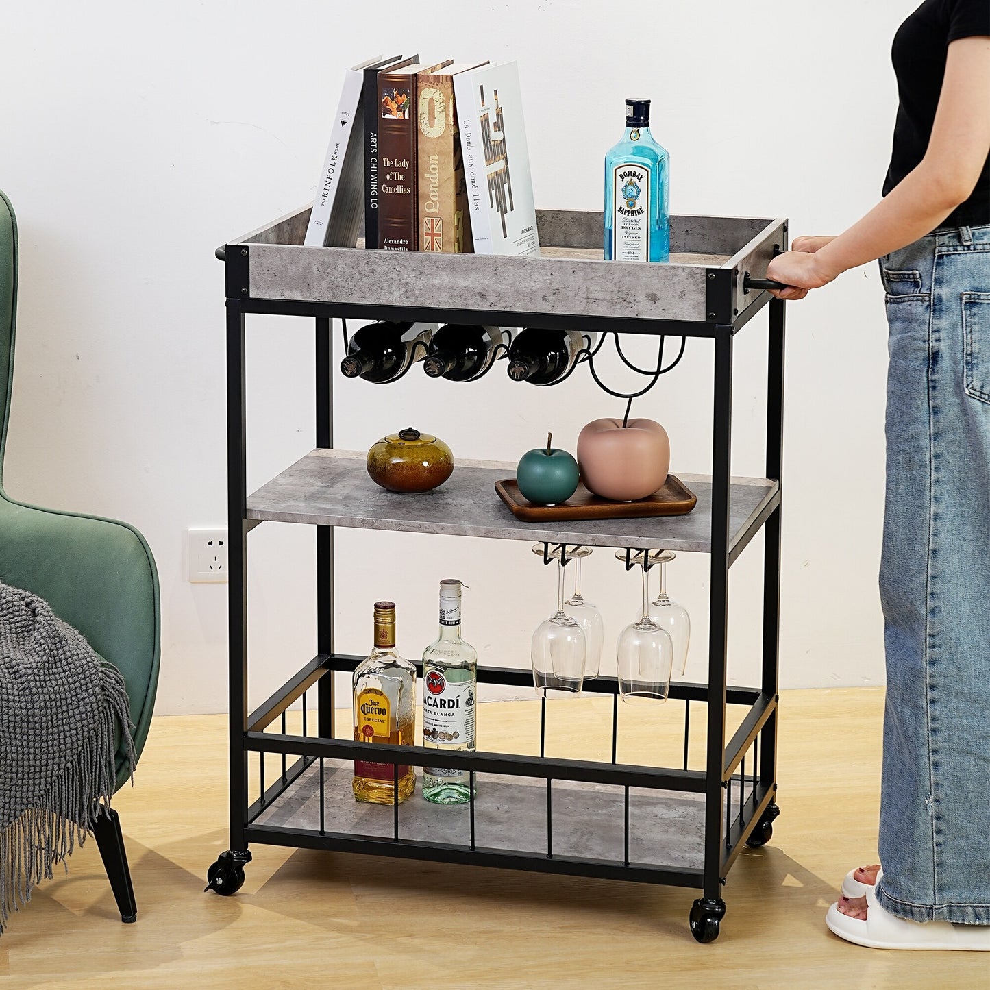Industrial Kitchen Serving Trolley Cart (Grey) - Vintage Style Rustic Wine Rack & Glass Storage, Tallman Mobile Bar Cart
